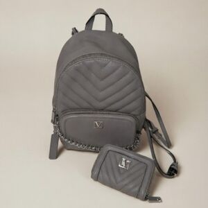 Victoria’s Secret Grey V-Quilt Chevron City Mini Backpack & Zip Wallet Set Y2K